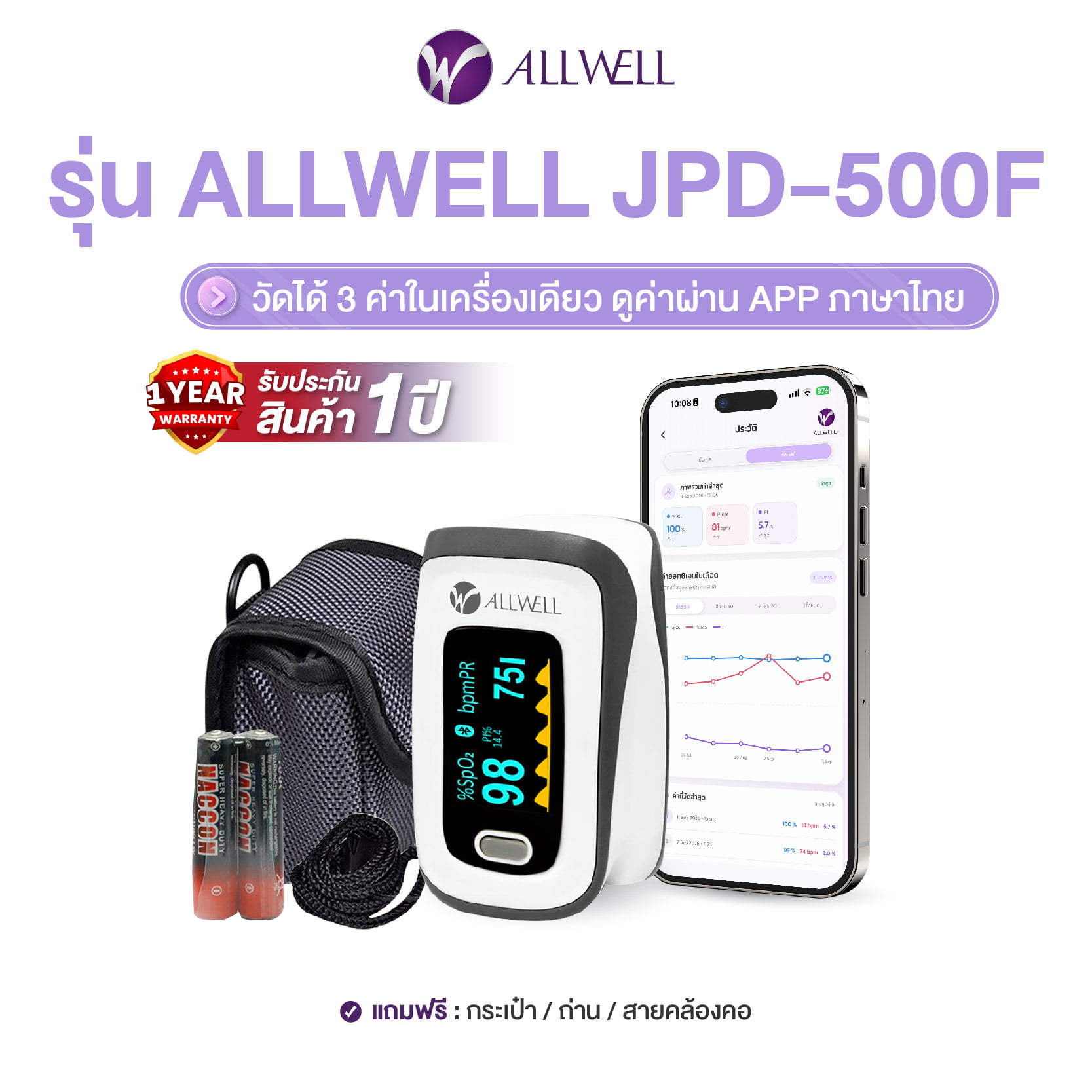 เครื่องวัดออกซิเจนปลายนิ้ว ALLWELL รุ่น JPD-500F (...